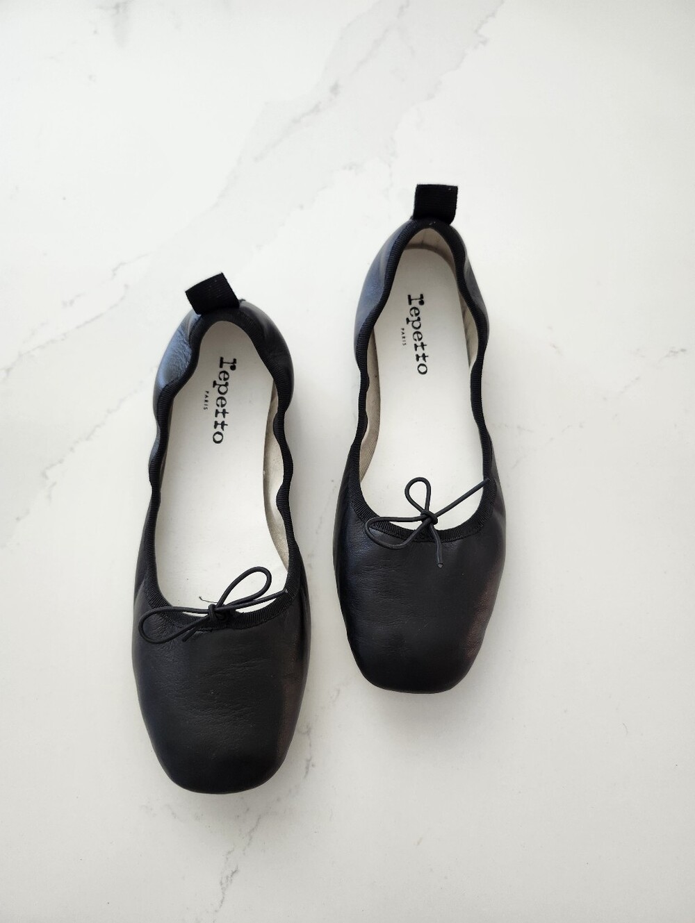 Repetto Black Leather Square-Toe Ballet Flats with Bow